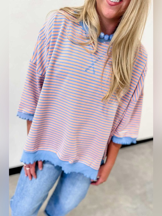 SYNZ Tops - Striped Raw-Edge Casual Blouse